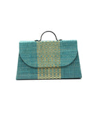 Wynwood Turquoise Straw Handbag with Metallic Detailing & Horn Handle handmade loomed raffia in turquoise blue and metallic vegan leather in three vertical bands of color with the metallic weave centered on the purse under the handles - Shebobo