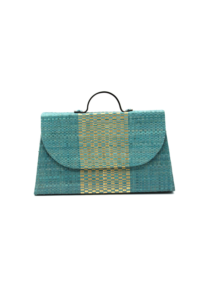 Wynwood Turquoise Straw Handbag with Metallic Detailing & Horn Handle handmade loomed raffia in turquoise blue and metallic vegan leather in three vertical bands of color with the metallic weave centered on the purse under the handles - Shebobo