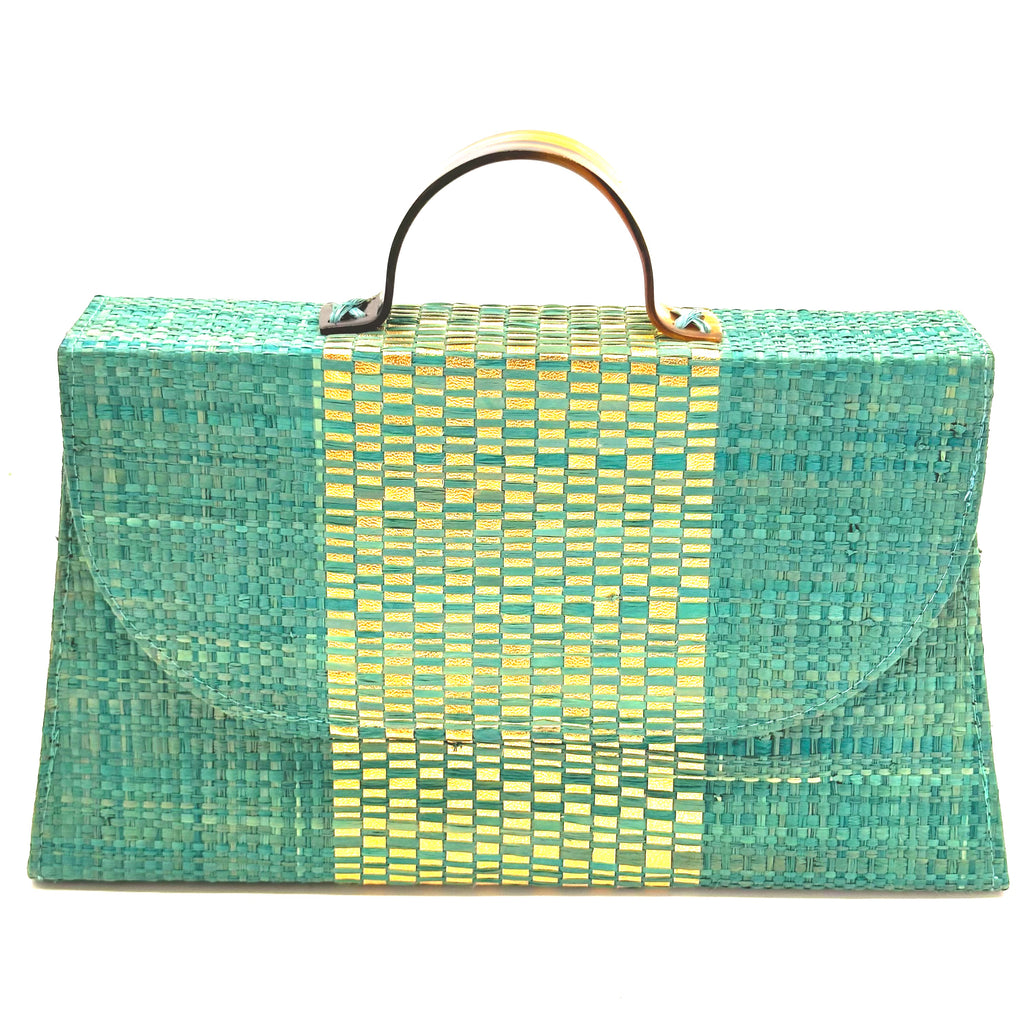 Wynwood Turquoise Straw Handbag with Metallic Detailing & Horn Handle handmade loomed raffia in turquoise blue and metallic vegan leather in three vertical bands of color with the metallic weave centered on the purse under the handles - Shebobo
