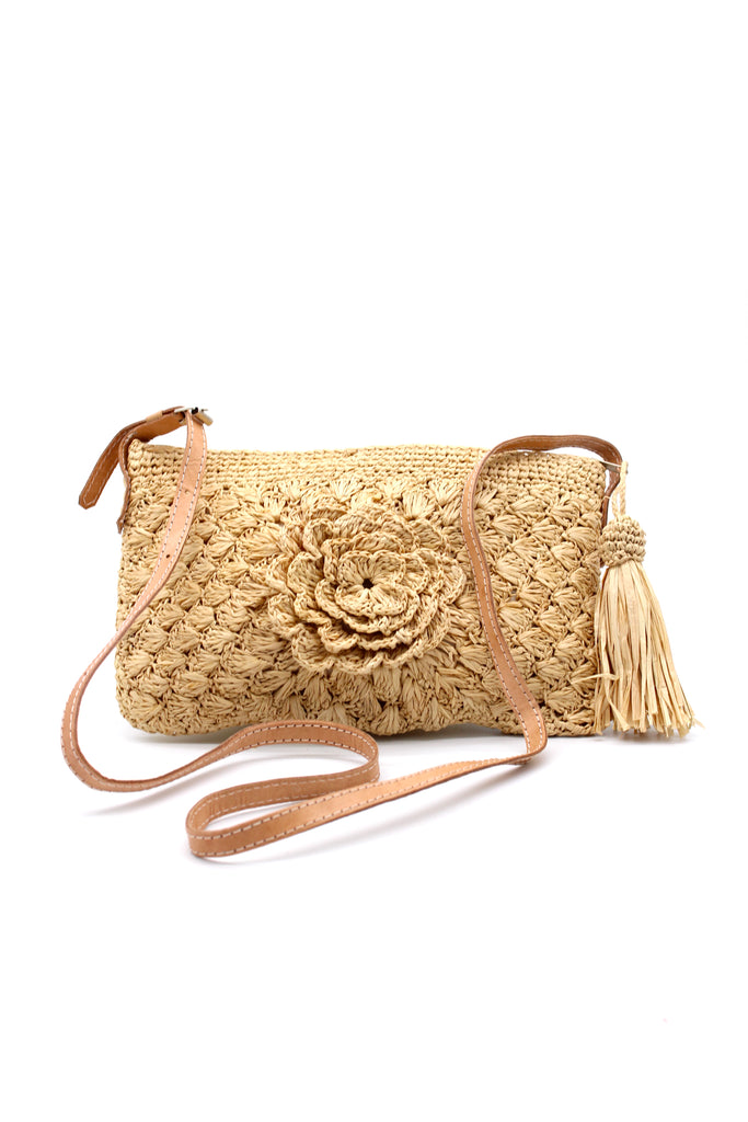 ZaZa Flower Hand Crochet Natural Raffia Palm Fiber Crossbody Bag with adjustable leather strap, zipper closure, and tassel zipper pull in natural straw color textured purse straw handbag - Shebobo