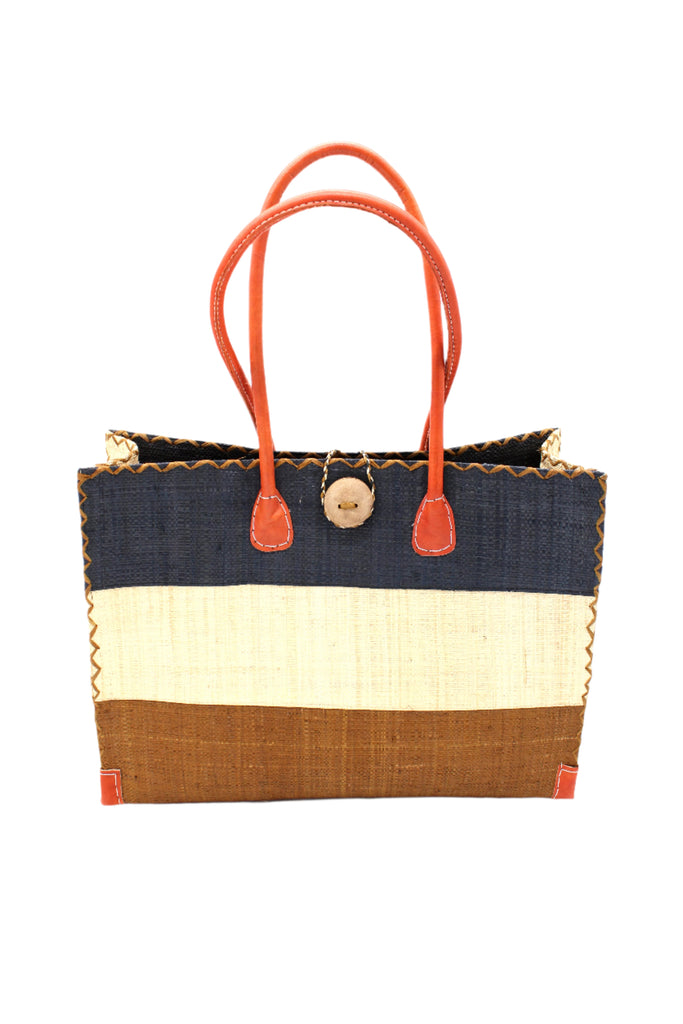 Zafran 3 Tone Color Block Beach Straw Bag with Plastic Liner handmade loomed raffia palm fiber in three equally sized horizontal bands of black, natural straw color, and cinnamon/tobacco/dark brown with wood button and leather handles - Shebobo