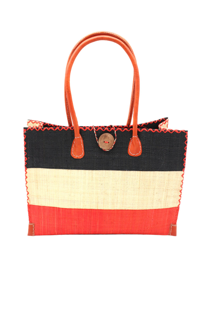 Zafran 3 Tone Color Block Beach Straw Bag with Plastic Liner handmade loomed raffia palm fiber in three equally sized horizontal bands of black, natural straw color, and coral red/orange with wood button and leather handles - Shebobo