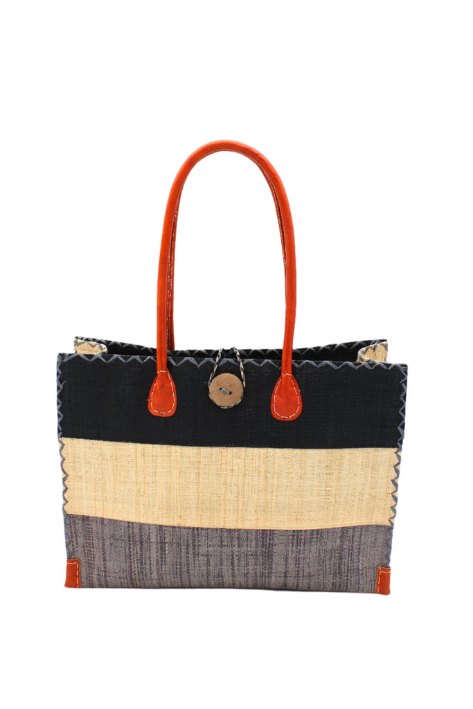 Zafran 3 Tone Color Block Beach Straw Bag with Plastic Liner handmade loomed raffia palm fiber in three equally sized horizontal bands of black, natural straw color, and grey with wood button and leather handles - Shebobo