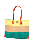 Zafran 3 Tone Color Block Beach Straw Bag with Plastic Liner handmade loomed raffia palm fiber in three equally sized horizontal bands of butter light yellow, cappuccino light brown, and teal blue green with wood button and leather handles - Shebobo