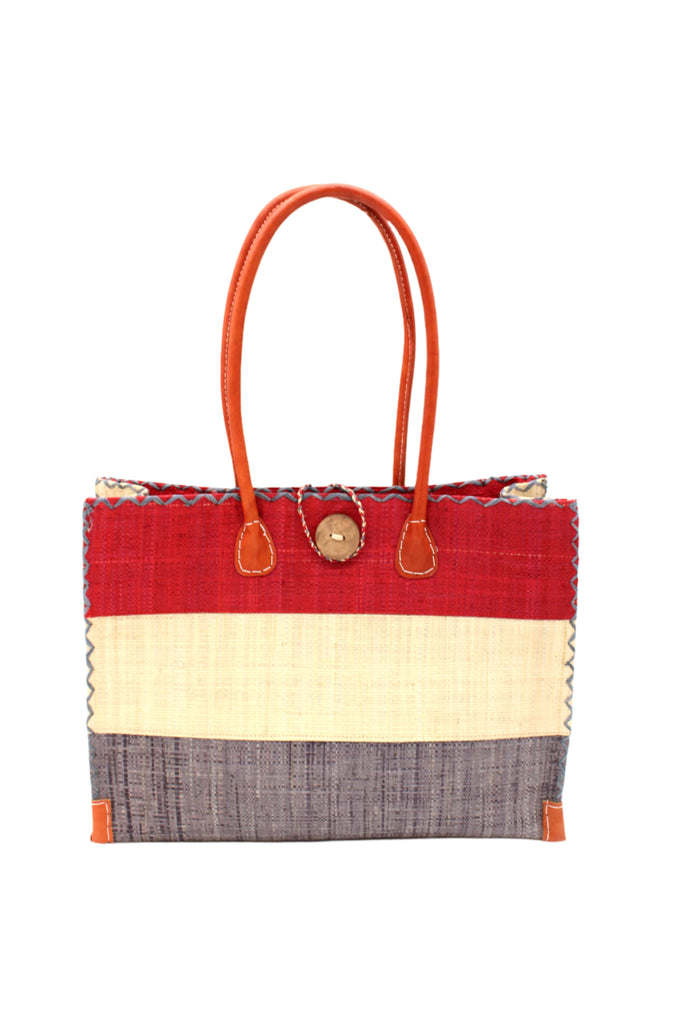 Zafran 3 Tone Color Block Beach Straw Bag with Plastic Liner handmade loomed raffia palm fiber in three equally sized horizontal bands of red, natural straw color, and grey with wood button and leather handles - Shebobo