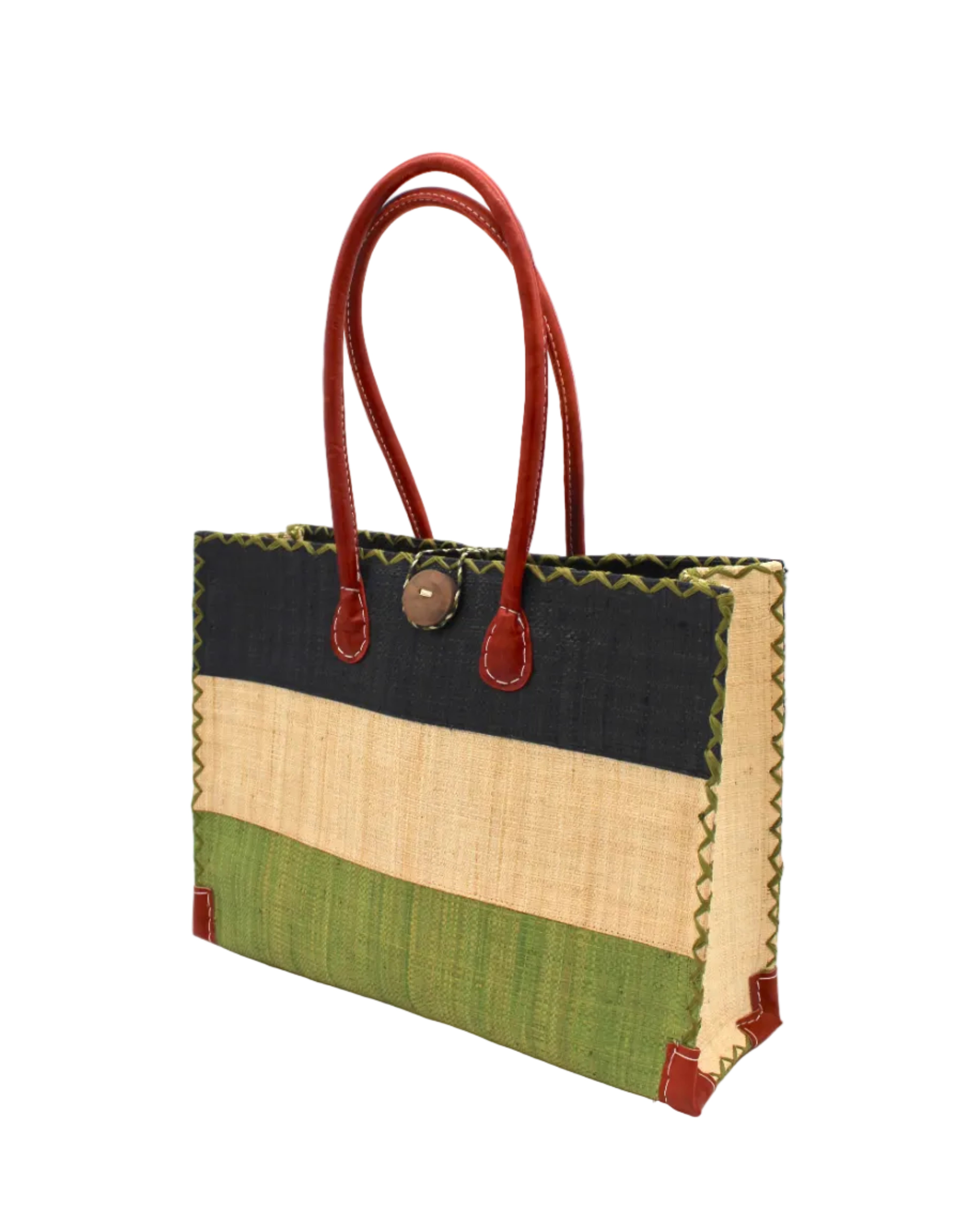 Side view Zafran 3 Tone Color Block Beach Straw Bag with Plastic Liner handmade loomed raffia palm fiber in three equally sized horizontal bands of black, natural straw color, and martini olive/dark/green with wood button and leather handles - Shebobo