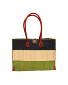 Zafran 3 Tone Color Block Beach Straw Bag with Plastic Liner handmade loomed raffia palm fiber in three equally sized horizontal bands of black, natural straw color, and martini olive/dark/green with wood button and leather handles - Shebobo
