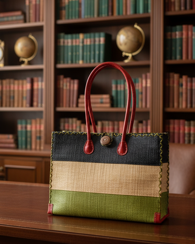 Lifestyle view Zafran 3 Tone Color Block Beach Straw Bag with Plastic Liner handmade loomed raffia palm fiber in three equally sized horizontal bands of black, natural straw color, and martini olive/dark/green with wood button and leather handles - Shebobo