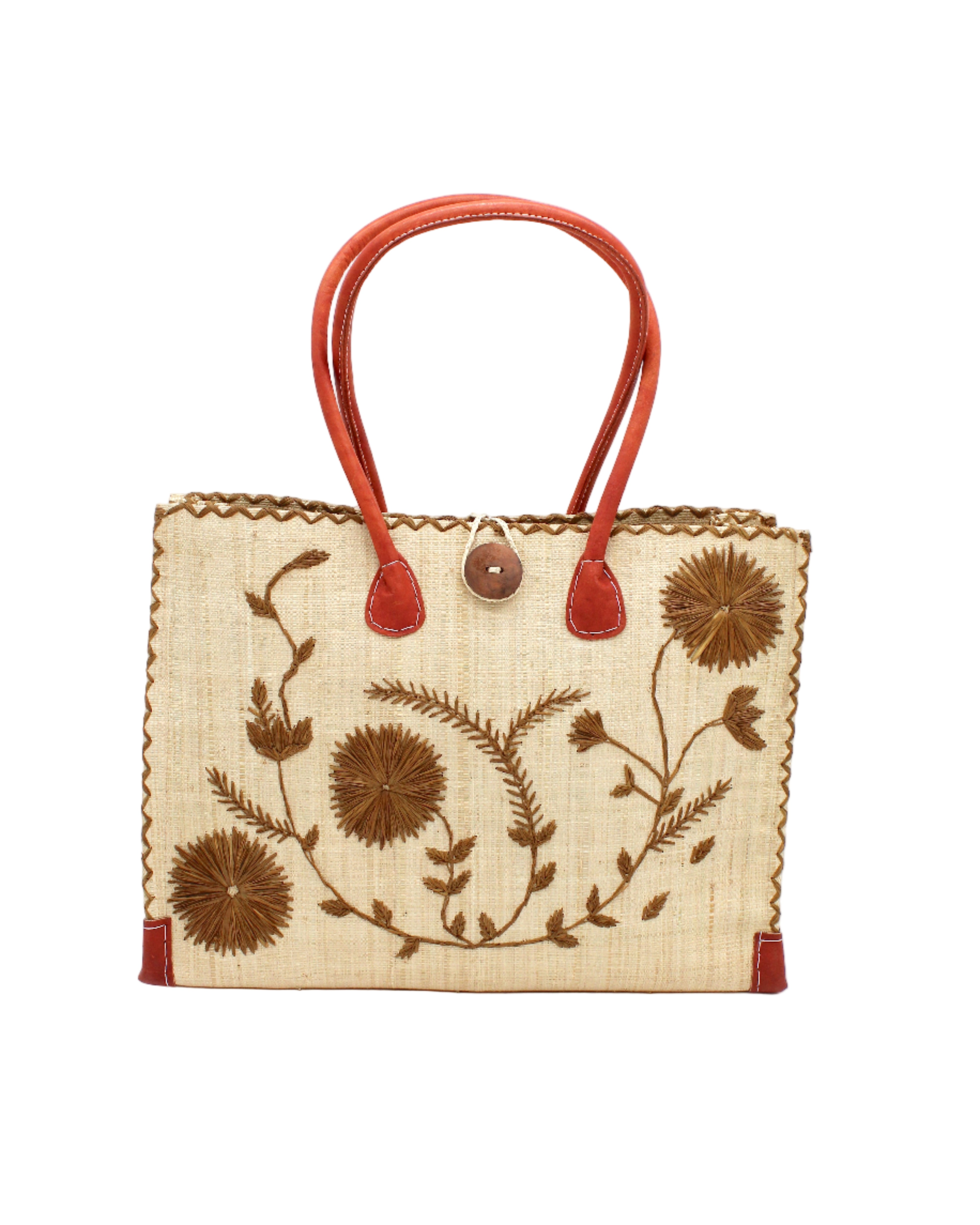 Zafran Natural & Cinnamon Embroidered Straw Beach Bag with Floral Pattern handmade natural raffia palm fiber in a solid hue of natural straw color with asymmetrical floral leaf, vine, and flower pattern in cinnamon tobacco/dark/brown with matching cross-stitch edging, leather handles, and wooden button closure shoulder bag handbag tote - Shebobo