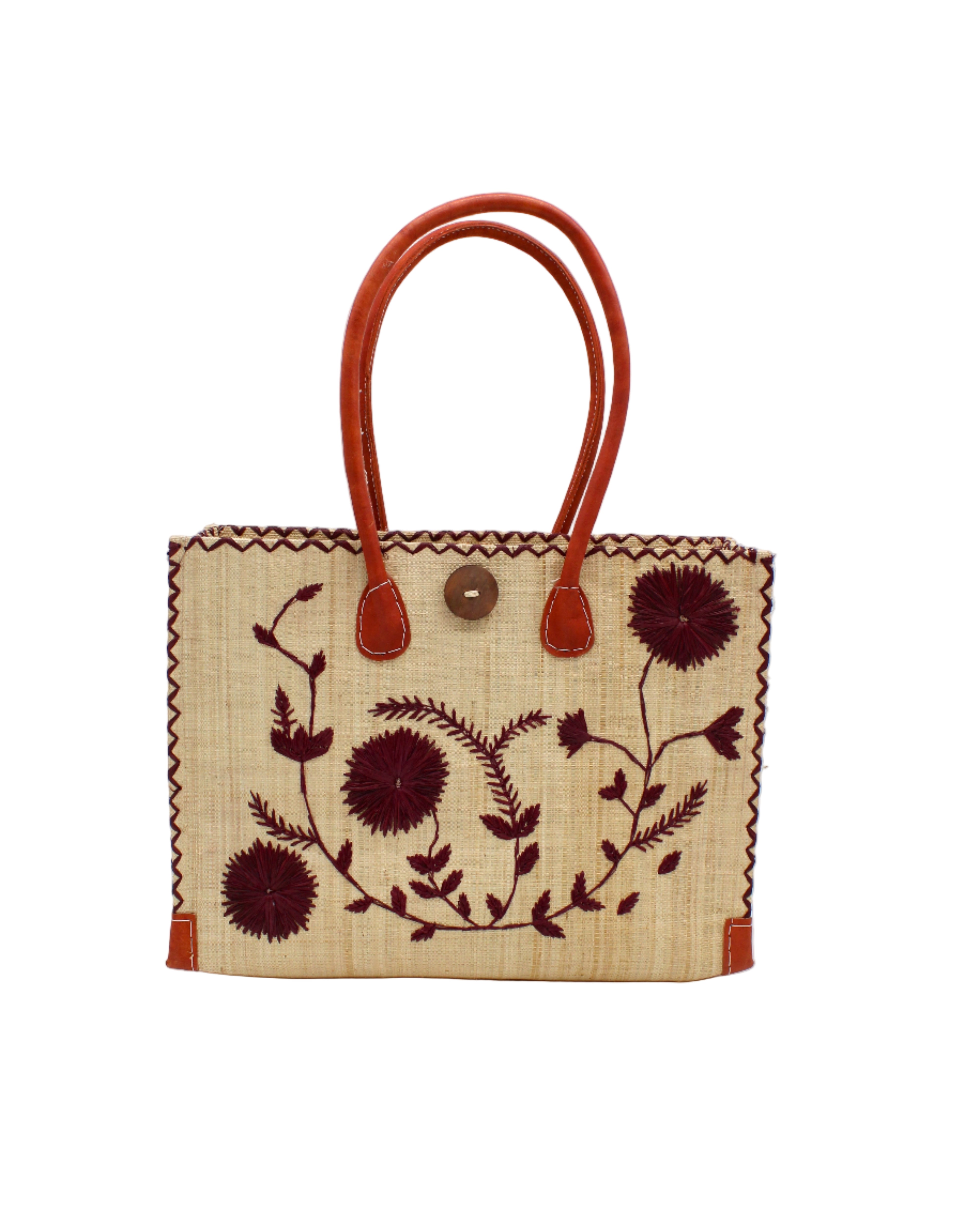 Zafran Natural & Black Embroidered Straw Beach Bag with Floral Pattern handmade natural raffia palm fiber in a solid hue of natural straw color with asymmetrical floral leaf, vine, and flower pattern in umberwine burgundy/bordeaux/claret/dark/red/purple with matching cross-stitch edging, leather handles, and wooden button closure shoulder bag handbag tote - Shebobo 