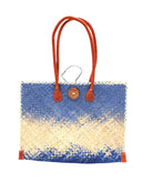 Holden Denim Ombre Zafran Straw Beach Bags handmade dip dyed raffia woven into a three part horizontal ombre pattern of denim retro/light/blue, natural straw color, and dusk dark/navy/blue with cross stitch edging, wooden button, and leather handles - Shebobo