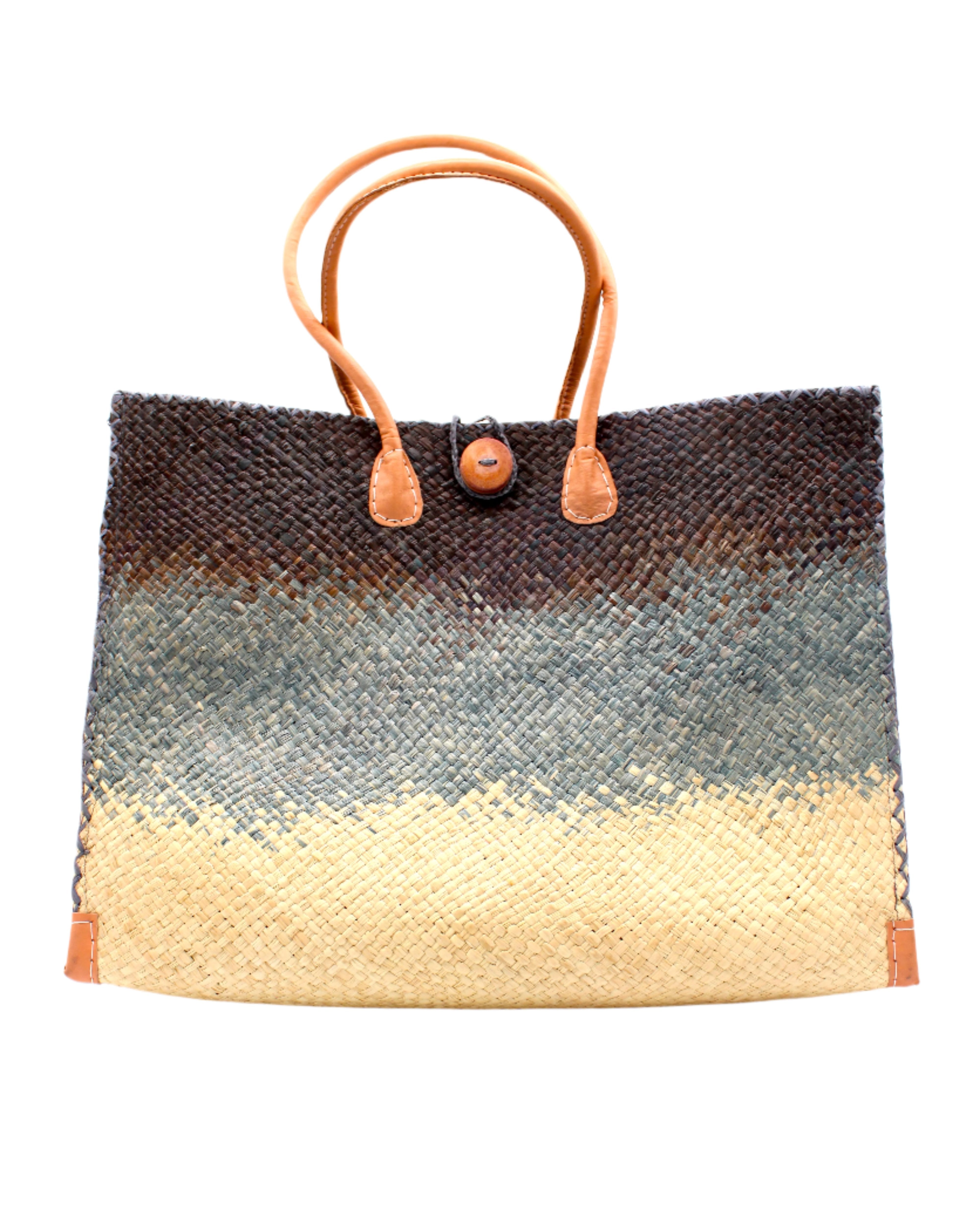 Holden Black Ombre Zafran Straw Beach Bags handmade dip dyed raffia woven into a three part horizontal ombre pattern of black on the top, grey in the middle and both sides, and natural on the bottom with cross stitch edging, wooden button, and leather handles - Shebobo