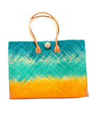 Holden Turquoise Ombre Zafran Straw Beach Bags handmade dip dyed raffia woven into a three part horizontal ombre pattern of turquoise blue on the top, seafoam blue/green in the middle and both sides, and saffron yellow on the bottom with cross stitch edging, wooden button, and leather handles - Shebobo