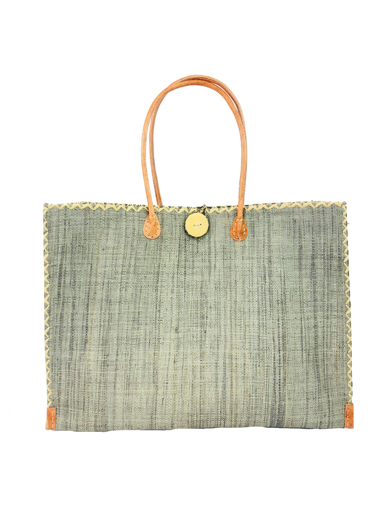 Zafran Large Straw Beach Bag with Plastic Liner handmade loomed raffia in grey with contrasting cross stitch edge binding, wood button closure, and leather handles & feet plus assorted print plastic lining - Shebobo