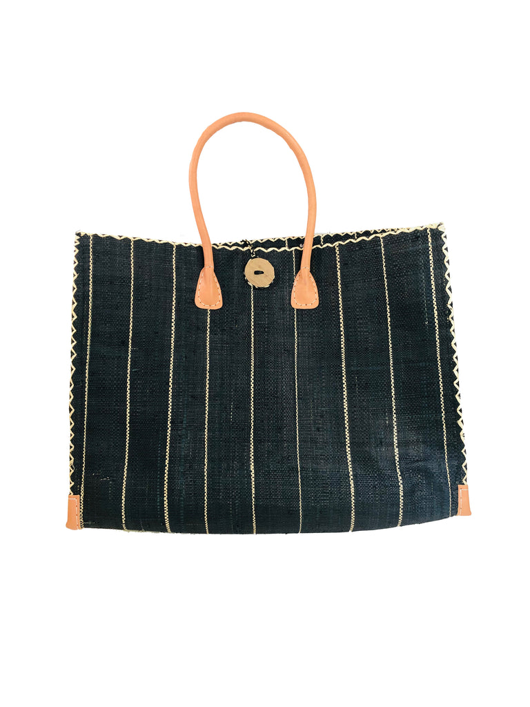 Zafran Black Pinstripes Large Straw Beach Bag with Plastic Liner handmade loomed raffia tote in wide bands of black with narrow bands of natural straw color that make a vertical pinstripe pattern with assorted print plastic lining and leather handles xl bag - Shebobo
