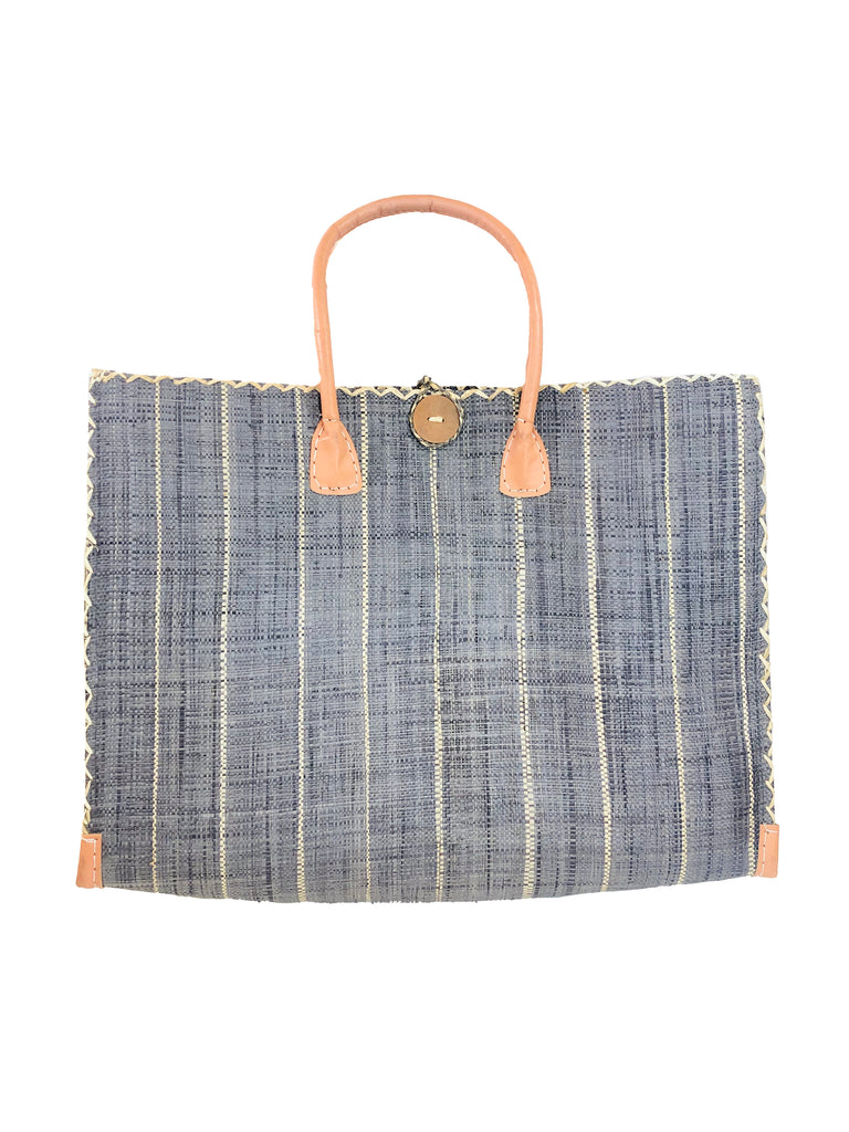 Zafran Grey Pinstripes Large Straw Beach Bag with Plastic Liner handmade loomed raffia tote in wide bands of grey with narrow bands of natural straw color that make a vertical pinstripe pattern with assorted print plastic lining and leather handles xl bag - Shebobo