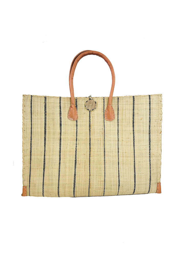 Zafran Natural Pinstripes Large Straw Beach Bag with Plastic Liner handmade loomed raffia tote in wide bands of natural straw color with narrow bands of black that make a vertical pinstripe pattern with assorted print plastic lining and leather handles xl bag - Shebobo