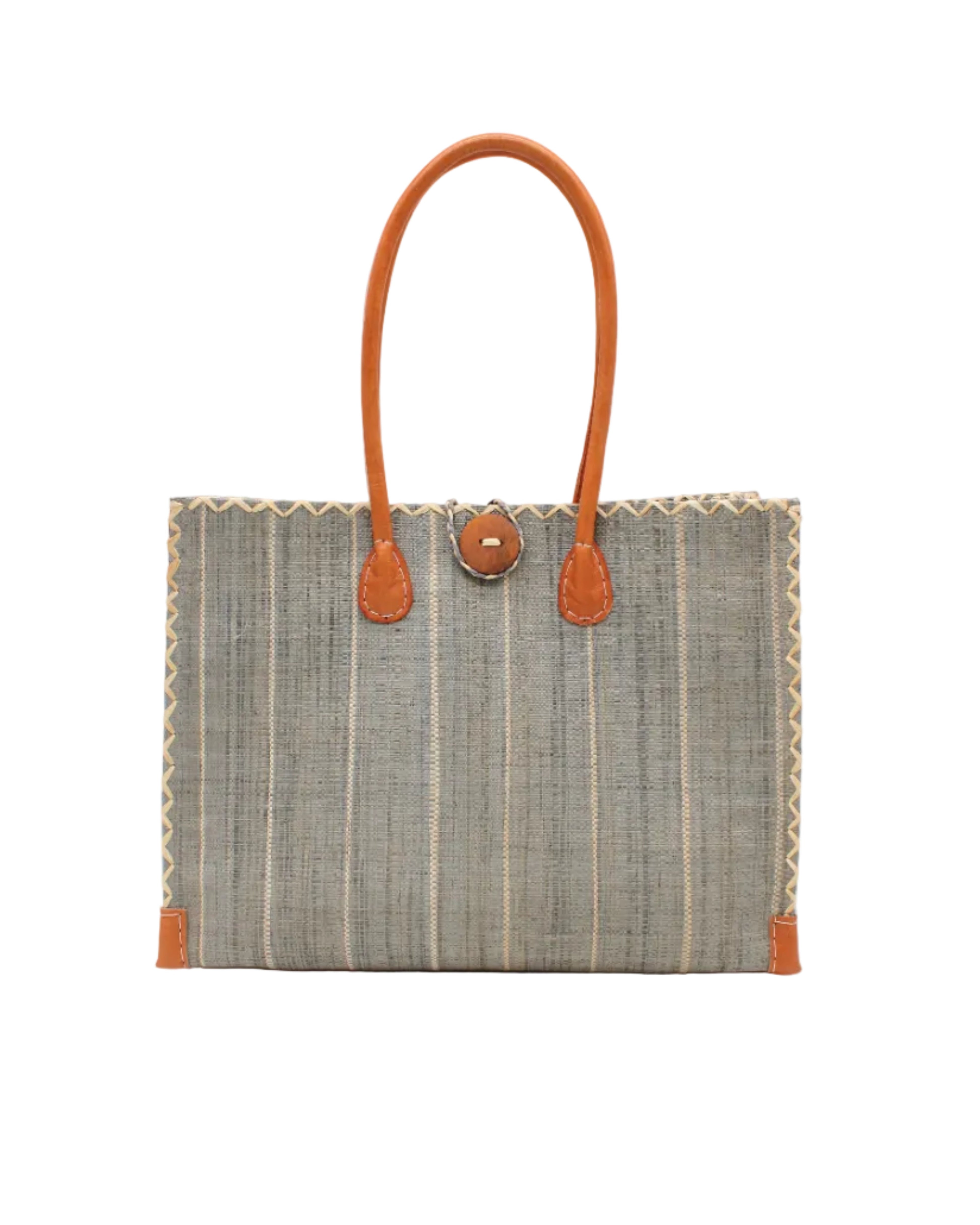 Zafran Grey Pinstripes Large Straw Beach Bag with Plastic Liner handmade loomed raffia tote in wide bands of gray with narrow bands of natural straw color that make a vertical pinstripe pattern with assorted print plastic lining and leather handles xl bag - Shebobo