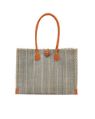 Zafran Grey Pinstripes Large Straw Beach Bag with Plastic Liner handmade loomed raffia tote in wide bands of gray with narrow bands of natural straw color that make a vertical pinstripe pattern with assorted print plastic lining and leather handles xl bag - Shebobo