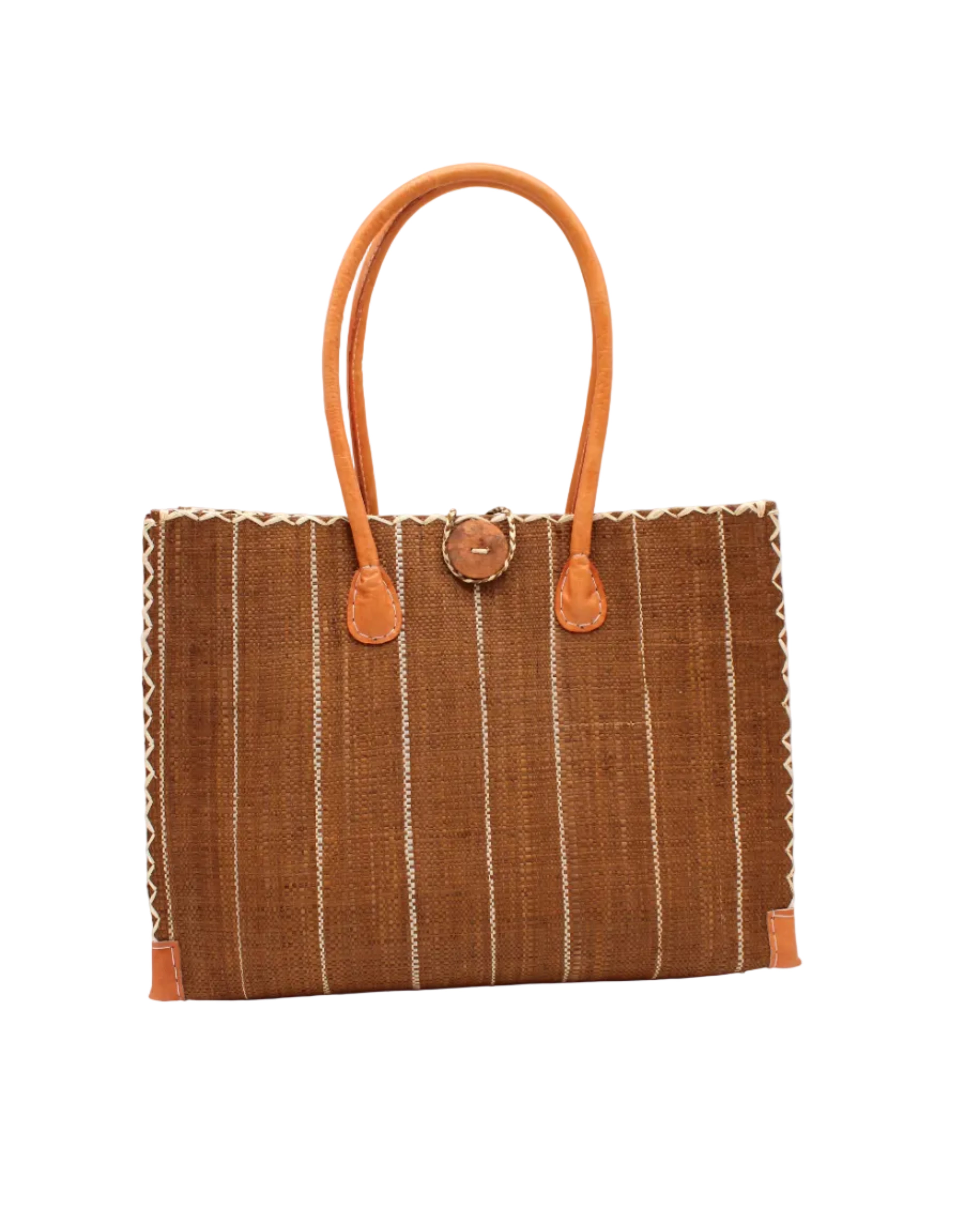 Zafran Tobacco Pinstripes Large Straw Beach Bag with Plastic Liner handmade loomed raffia tote in wide bands of tobacco dark/cinnamon/brown with narrow bands of natural straw color that make a vertical pinstripe pattern with assorted print plastic lining and leather handles xl bag - Shebobo