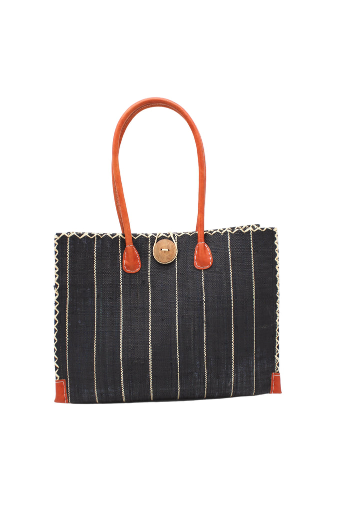 Zafran Black Pinstripes Large Straw Beach Bag with Plastic Liner handmade loomed raffia tote in wide bands of black with narrow bands of natural straw color that make a vertical pinstripe pattern with assorted print plastic lining and leather handles xl bag - Shebobo