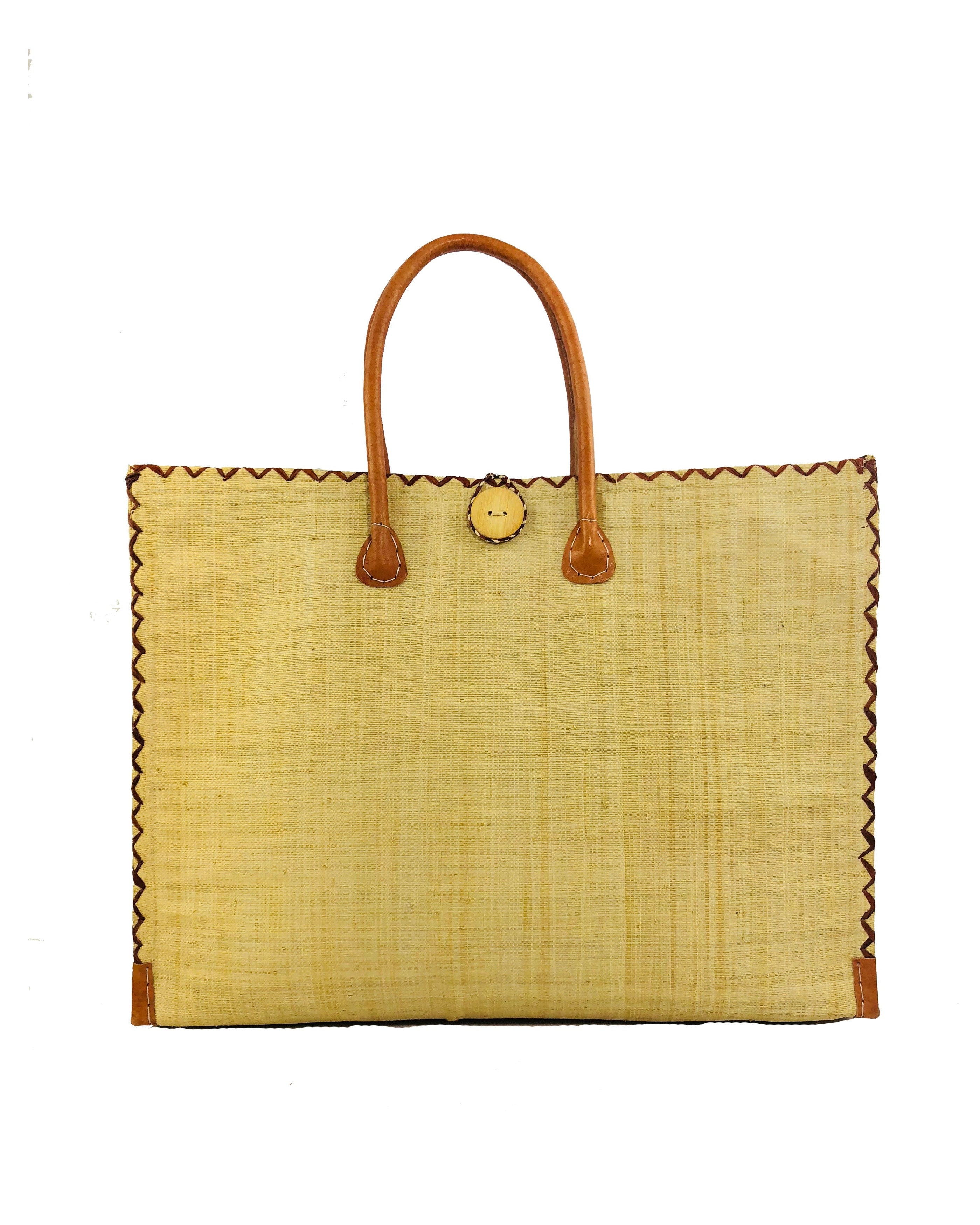 Zafran Straw Beach Bag with Plastic Liner handmade loomed raffia in natural straw color with contrasting cross stitch edge binding, wood button closure, and leather handles & feet plus assorted print plastic lining - Shebobo