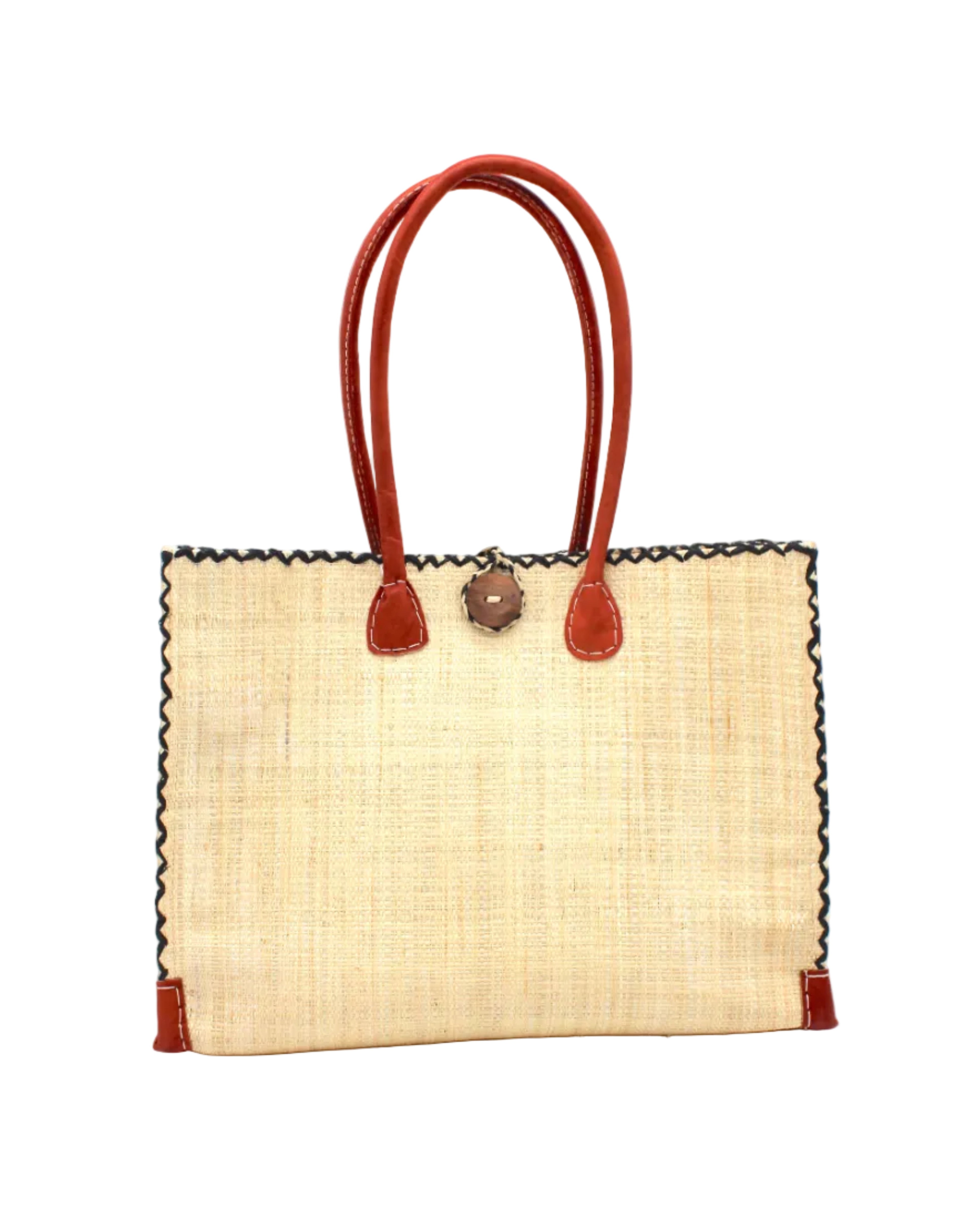 Zafran Straw Beach Bag with Plastic Liner handmade loomed raffia in natural straw color with contrasting cross stitch edge binding, wood button closure, and leather handles & feet plus assorted print plastic lining - Shebobo