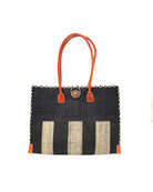 Zafran Two Tone Wide Stripe Black and Natural Straw Beach Bag handmade loomed raffia palm fiber in a solid hue of black on the top half of the bag and a two tone even width vertical wide stripe pattern of black and natural straw color on the bottom half of the bag with leather handles and feet and matching crosshatch stitch edging shoulder bag - Shebobo
