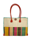Zafran Two Tone Wide Stripe Carmalita Swirl Straw Beach Bag handmade loomed raffia palm fiber in a solid hue of Natural straw color on the top half of the bag and a multicolor multi-width vertical stripe pattern of black, seafoam light/blue/green, saffron yellow/orange, fuchsia hot/bright/barbie/pink, and natural straw color on the bottom half of the bag with leather handles and feet and matching crosshatch stitch edging shoulder bag - Shebobo
