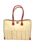 Zafran Two Tone Wide Stripe Neutrals Pinstripe Straw Beach Bag handmade loomed raffia palm fiber in a solid hue of natural straw color on the top half of the bag and a multicolor multi-width vertical pinstripe stripe pattern with thin bands of black, blush pink/orange, cinnamon tobacco/dark/brown, and grey with wide bands of natural straw color on the bottom half of the bag with leather handles and feet and matching crosshatch stitch edging shoulder bag - Shebobo