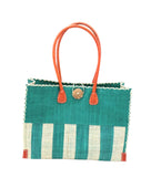 Zafran Two Tone Wide Stripe Teal and Natural Straw Beach Bag handmade loomed raffia palm fiber in a solid hue of teal dark/blue/green on the top half of the bag and a two tone even width vertical wide stripe pattern of teal and natural straw color on the bottom half of the bag with leather handles and feet and matching crosshatch stitch edging shoulder bag - Shebobo