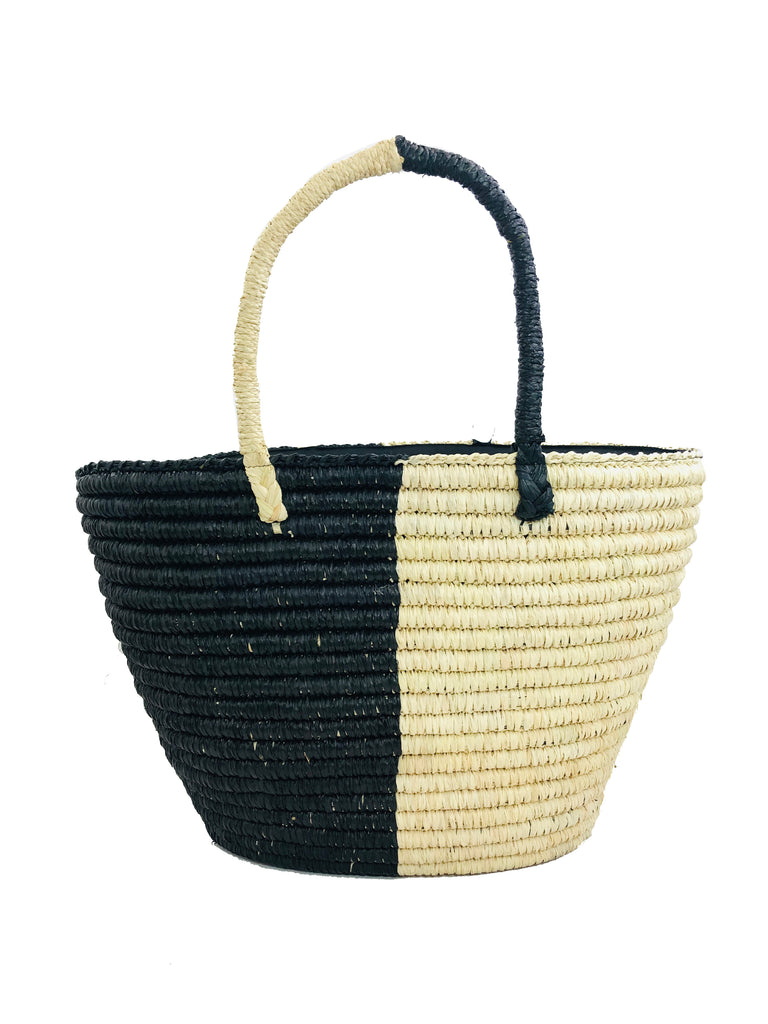 Avalone two tone black and natural raffia straw color block pattern handbag basket bag - Shebobo