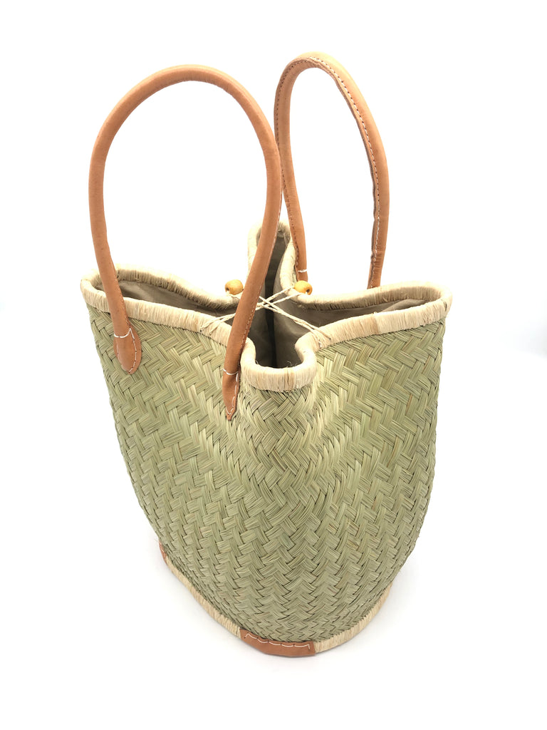 Aravola natural rush raffia straw woven basket with leather handles handbag - Shebobo