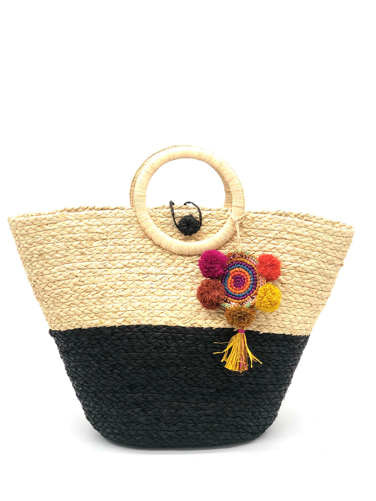 Bayside braided two tone color block black and natural raffia straw basket handbag - Shebobo