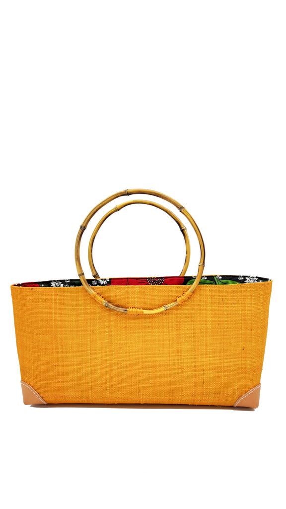 Bebe saffron/yellow/tangerine raffia straw handbag purse African print fabric bamboo handles - Shebobo