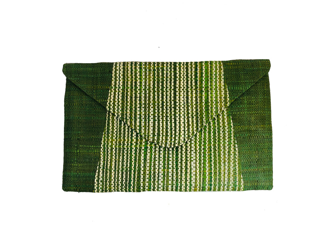 Belvedere envelope clutch solid olive/green color and natural/green melange pattern raffia straw purse - Shebobo