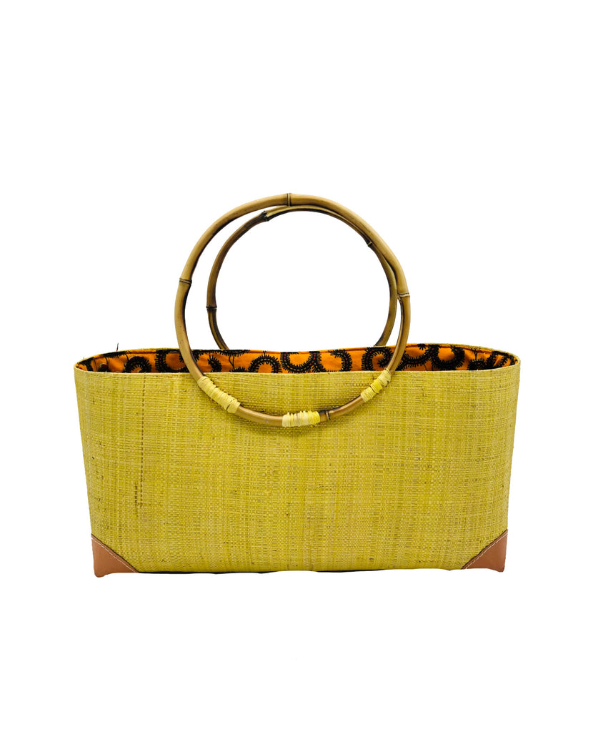 Bebe butter light yellow raffia straw handbag purse African print fabric bamboo handles - Shebobo