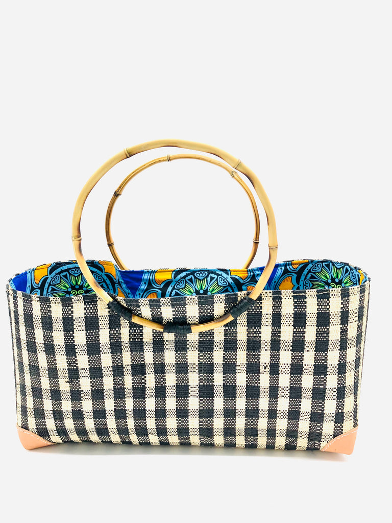 Bebe black and natural small gingham plaid pattern multicolor raffia straw handbag purse African print fabric bamboo handles - Shebobo