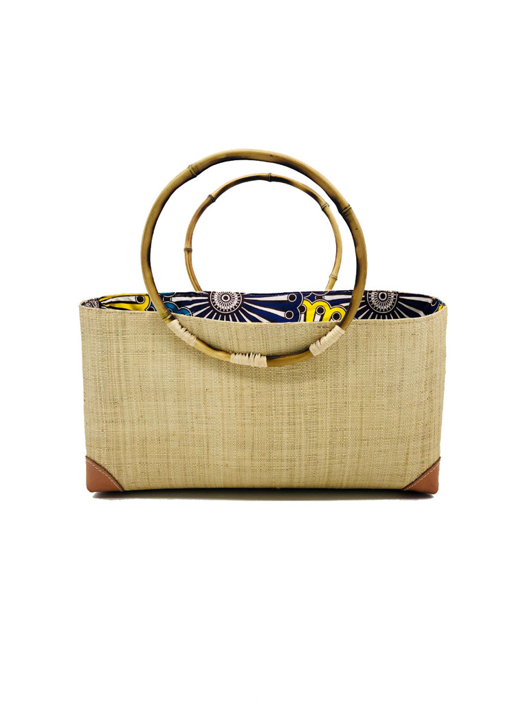 Bebe natural straw color raffia straw handbag purse African print fabric bamboo handles - Shebobo