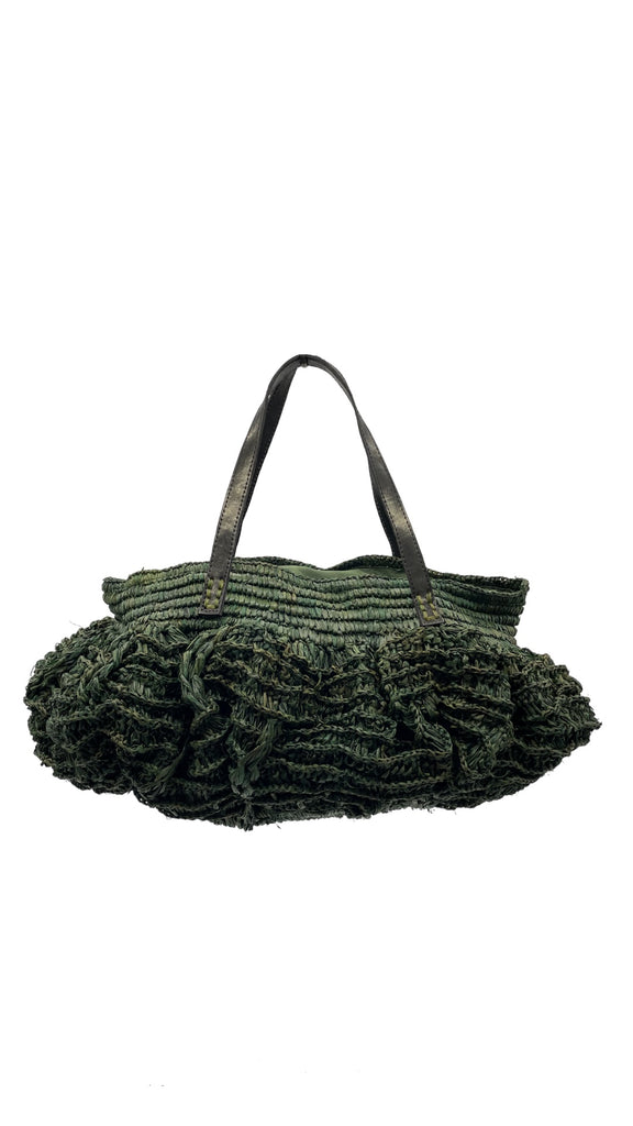 Bella crochet large straw handbag handmade olive green multicolor boho purse with leather handles bag - Shebobo
