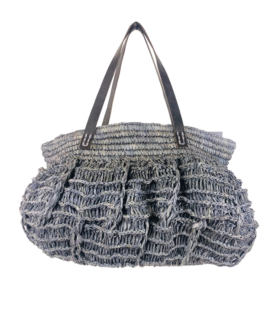 Bella crochet large straw handbag handmade grey boho purse with leather handles bag - Shebobo