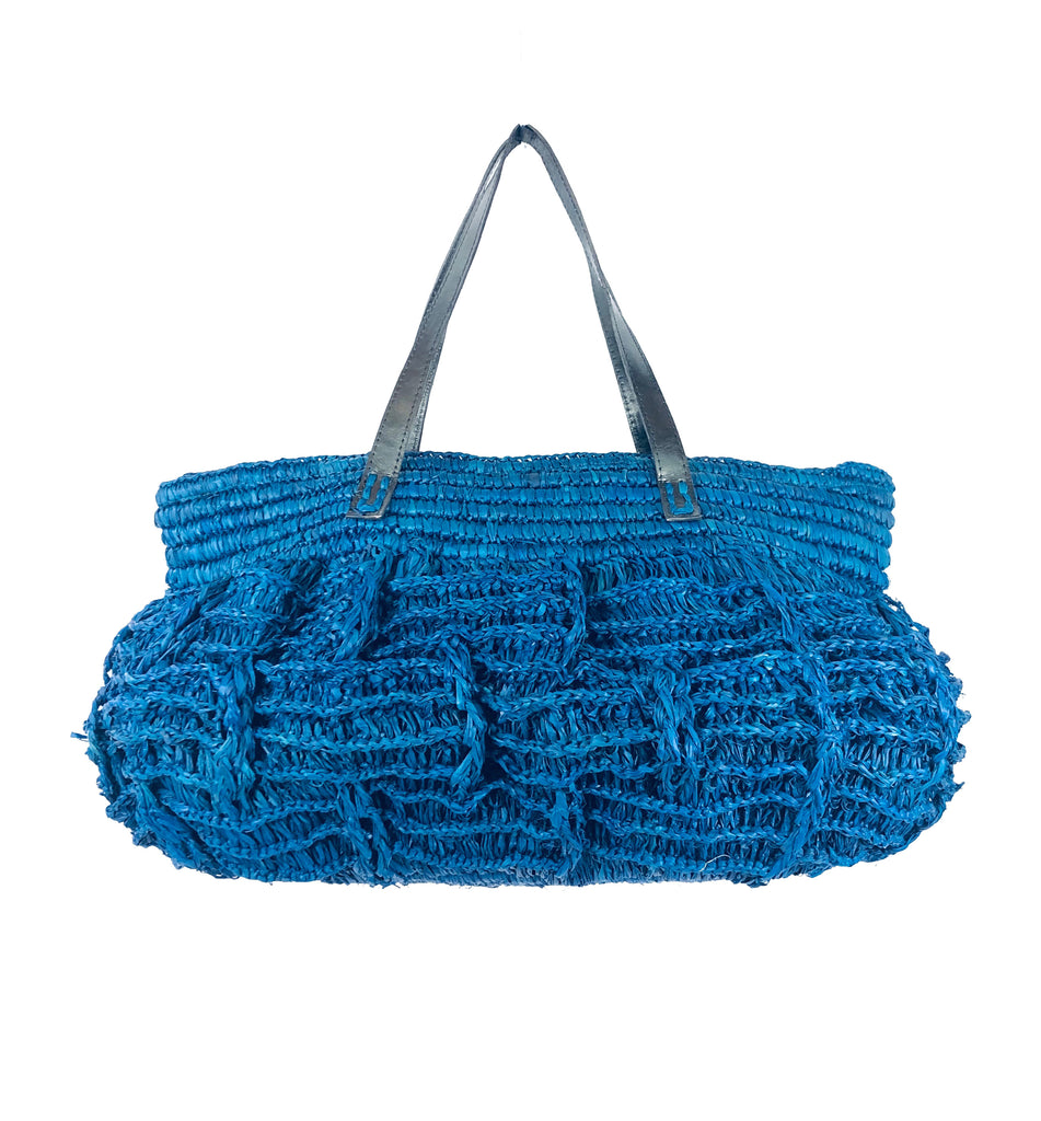 Bella crochet large straw handbag handmade turquoise blue boho purse with leather handles bag - Shebobo