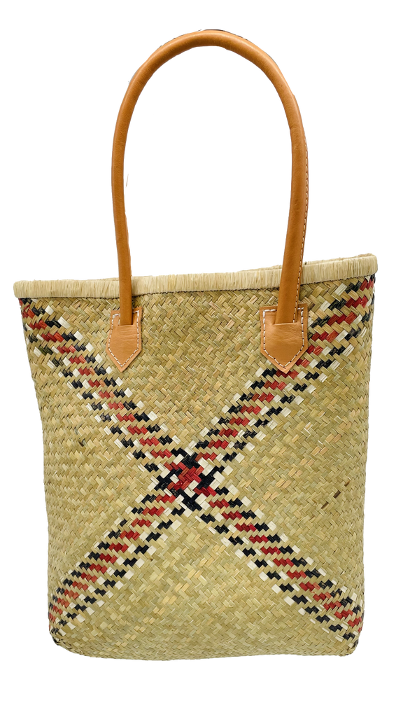 Bodega woven natural rush and raffia straw basket handbag red, white, and blue large x pattern bag with leather handles - Shebobo