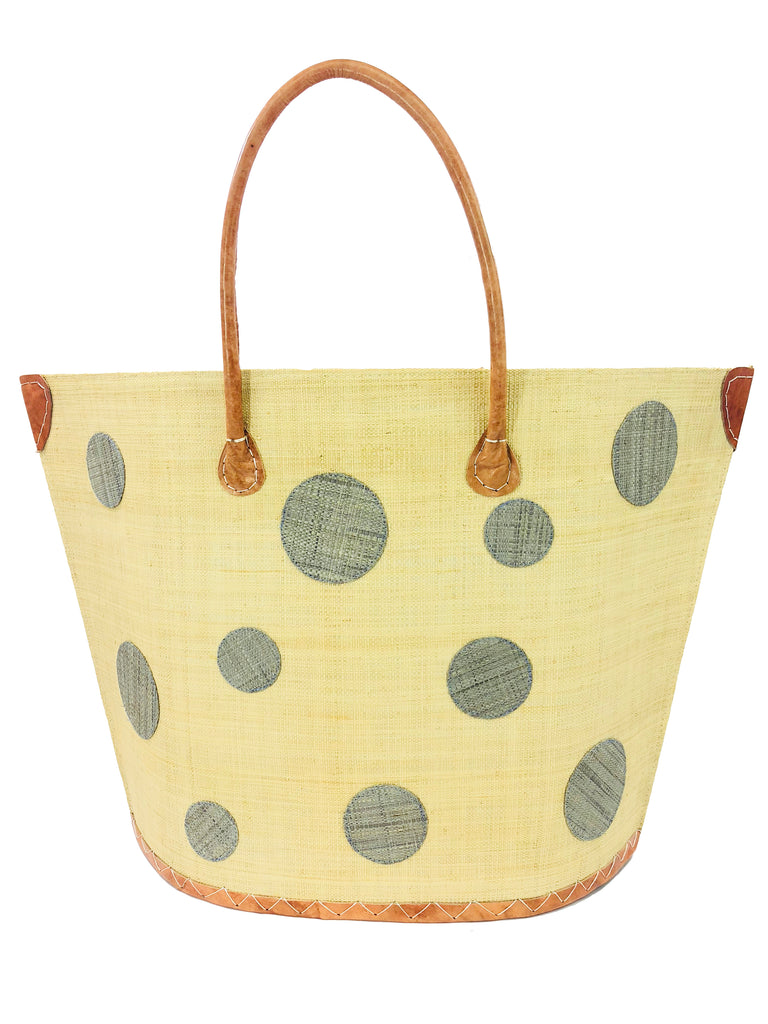 Capri grey polka dots pattern on natural straw color raffia tote bag basket with leather handles - Shebobo