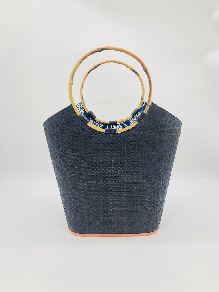 Carmen solid black color woven raffia straw bucket bag bamboo handle handbag - Shebobo