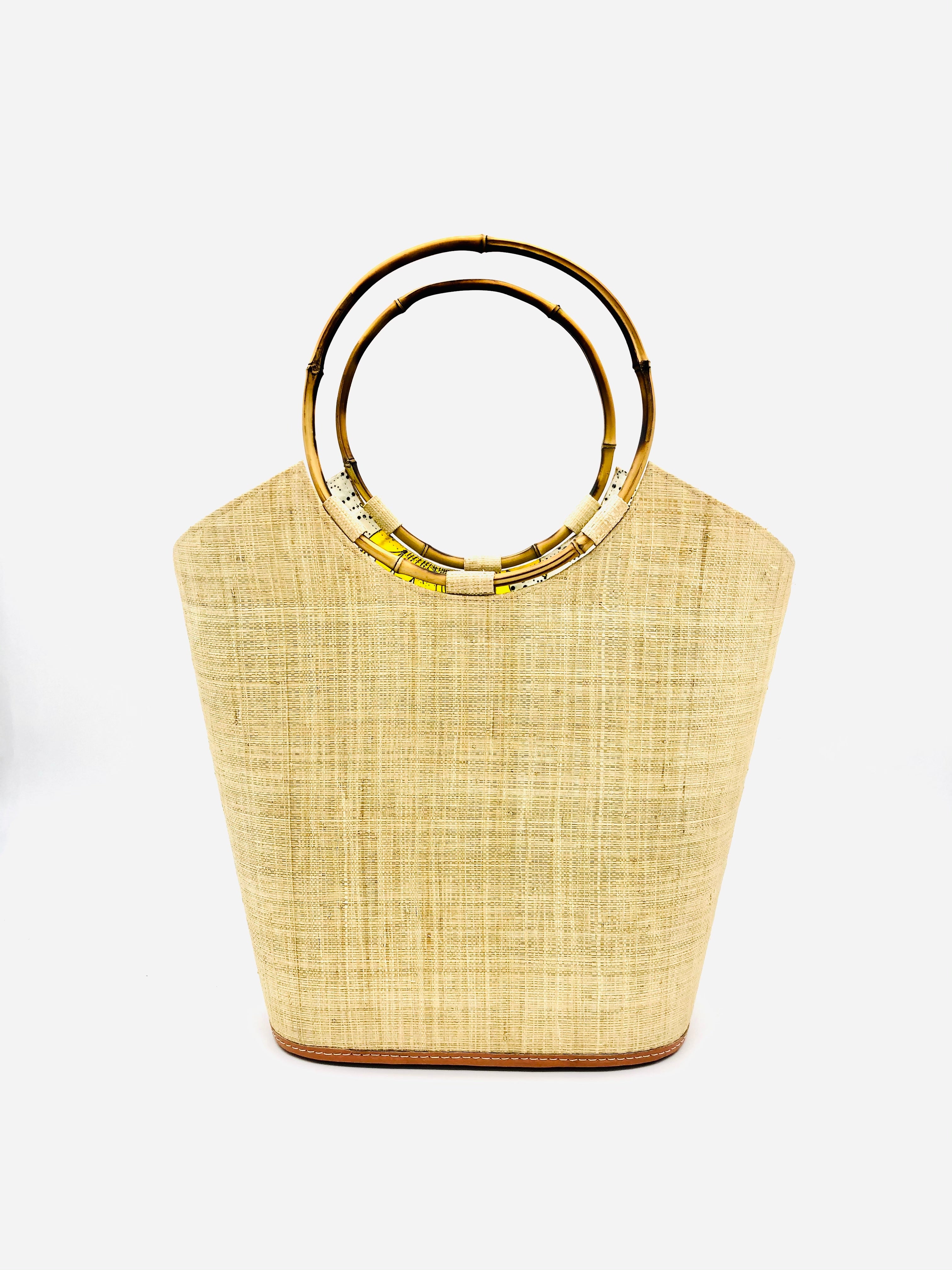 Carmen Solid/Stripes Straw Bucket Bag with Bamboo Handles