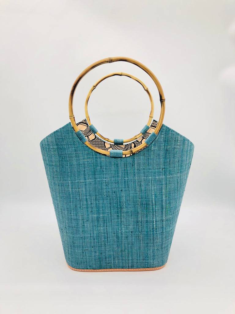Carmen solid turquoise blue color woven raffia straw bucket bag bamboo handle handbag - Shebobo
