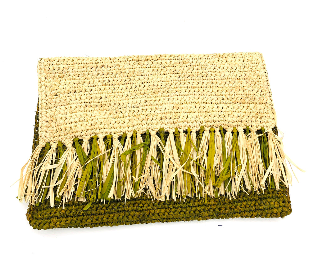 Coco Fringe olive green and natural straw color two tone crochet raffia clutch purse handbag - Shebobo- Shebobo