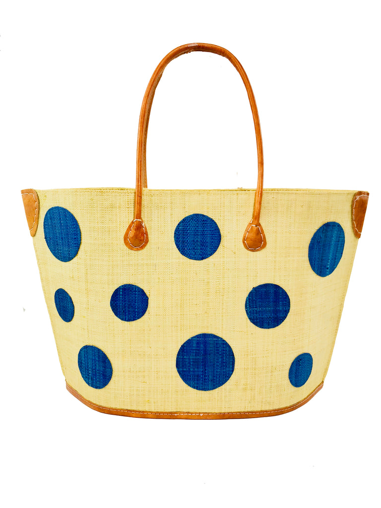Capri navy blue polka dot and natural color straw tote bag with leather handles - Shebobo