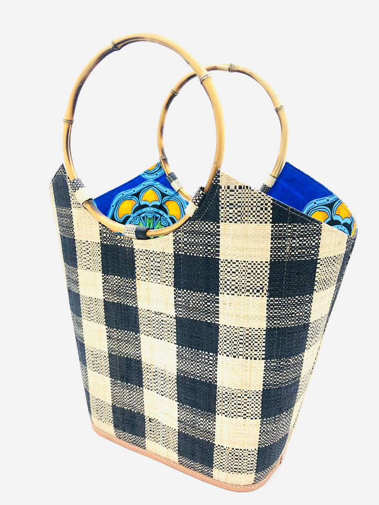 Carmen black and natural multicolor Large Gingham Pattern Straw Bucket Bag Handbag with bamboo handles - Shebobo